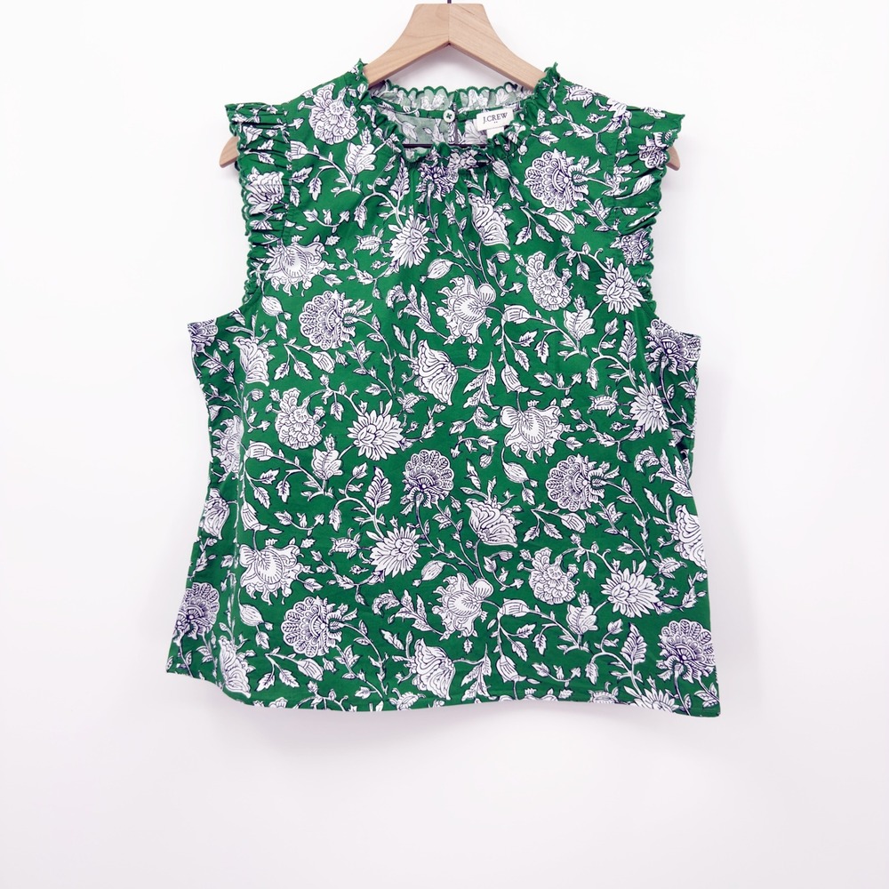 J.Crew Floral Top Ruffle Scallop Trim Sleeveless Green White L Cottagecore